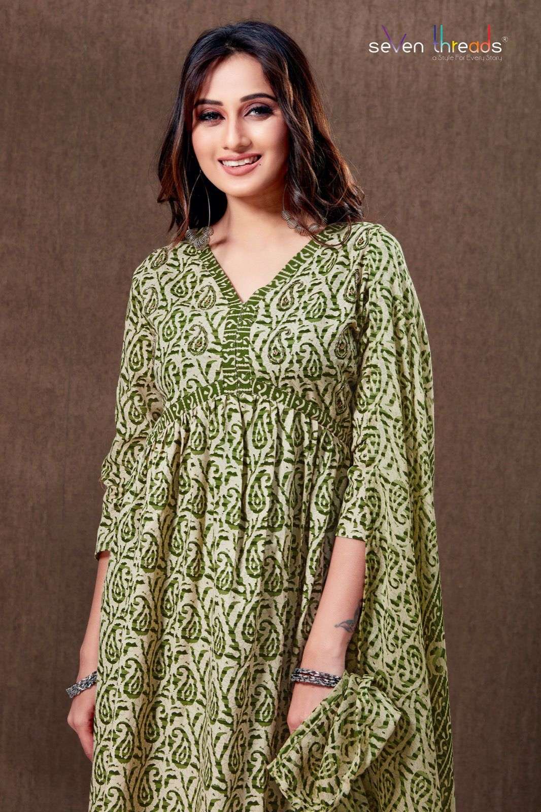 NON CATALOGUE EX 50 RICH COTTON ELEGANT HANDWORK CLASSIC ALIA CUT PRINTED KURTI WITH PANT AND DUPATTA BY SEVEN THREADS BRAND EX 50 D C